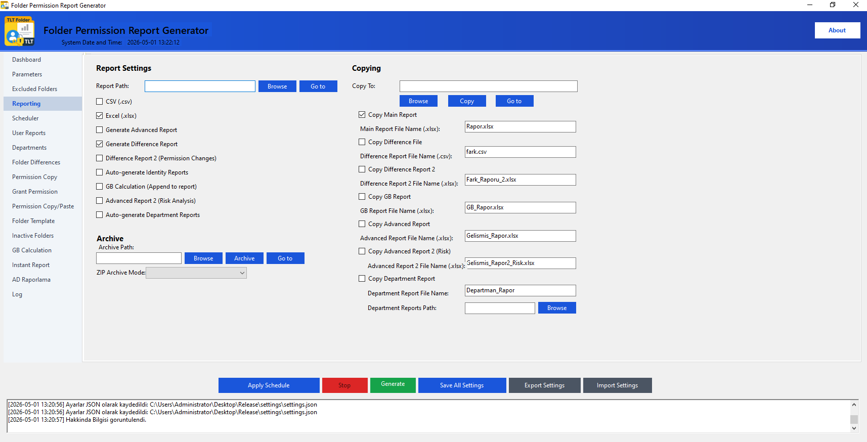 Folder permission reporting screen – Excel and CSV output